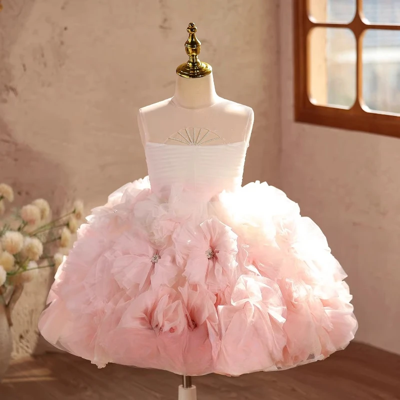 2026 Children Evening Dress Girls Birthday Flower Princess Gown Pageant Formal Attire Kids Party Host Piano Performance Outfit