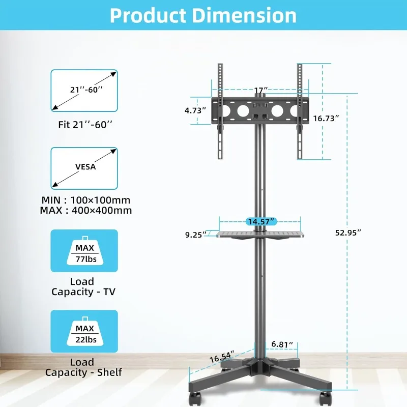 Mobile TV Carts on Wheels for 21-60 Inch Flat/Curved Panel Screens TVs - Height Adjustable Floor Trolley Stand with Shelf Holds