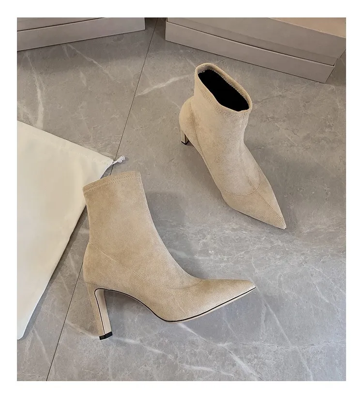 Sharp pointed boots women's short boots 2025 new suede high heels short boots fashionable thick heels boots