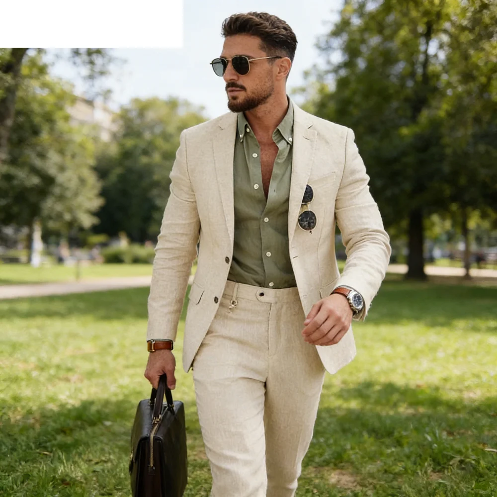 

Мужской летний льняной костюм-двойка для пляжа, свадьбы, отпуска, танцев, повседневный и деловой стиль