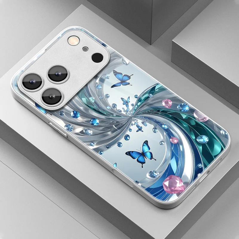 Butterfly Crystal Swirl Blue Pink Silvery Pattern Glass Phone Case Suitable for iPhone 18，17, 16, 15, 14, 13, 12, 11, etc