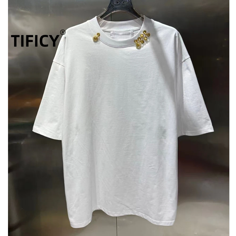 

Футболки High Street Tees: Новые летние женские хлопковые футболки с металлическим декором, уличная мода, свободный крой, повседневные футболки, мужская одежда