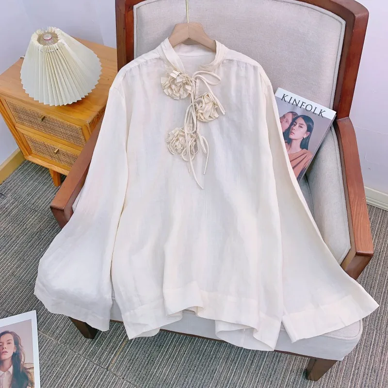 

Handmade Handkerchief 00% Linen V-ne Tee Strap Gathered Stand Collar Loose Cover up Breathable Summer Women's irt