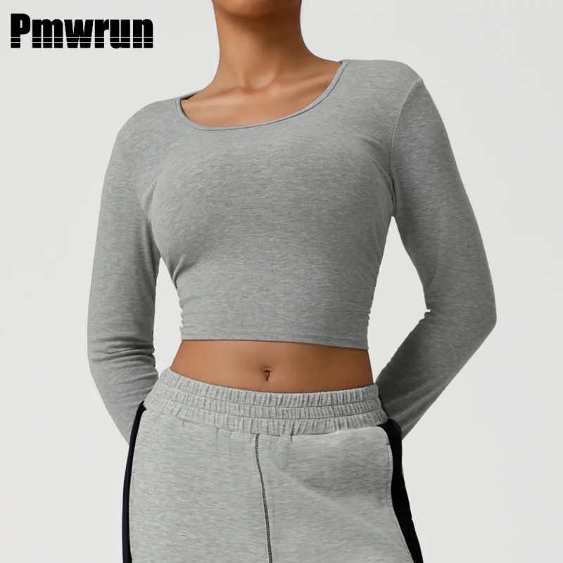 

PMWRUN Короткие футболки для йоги с резьбой, осенние спортивные футболки с длинными рукавами и круглым вырезом, тонкие спортивные рубашки для бега на открытом воздухе для женщин