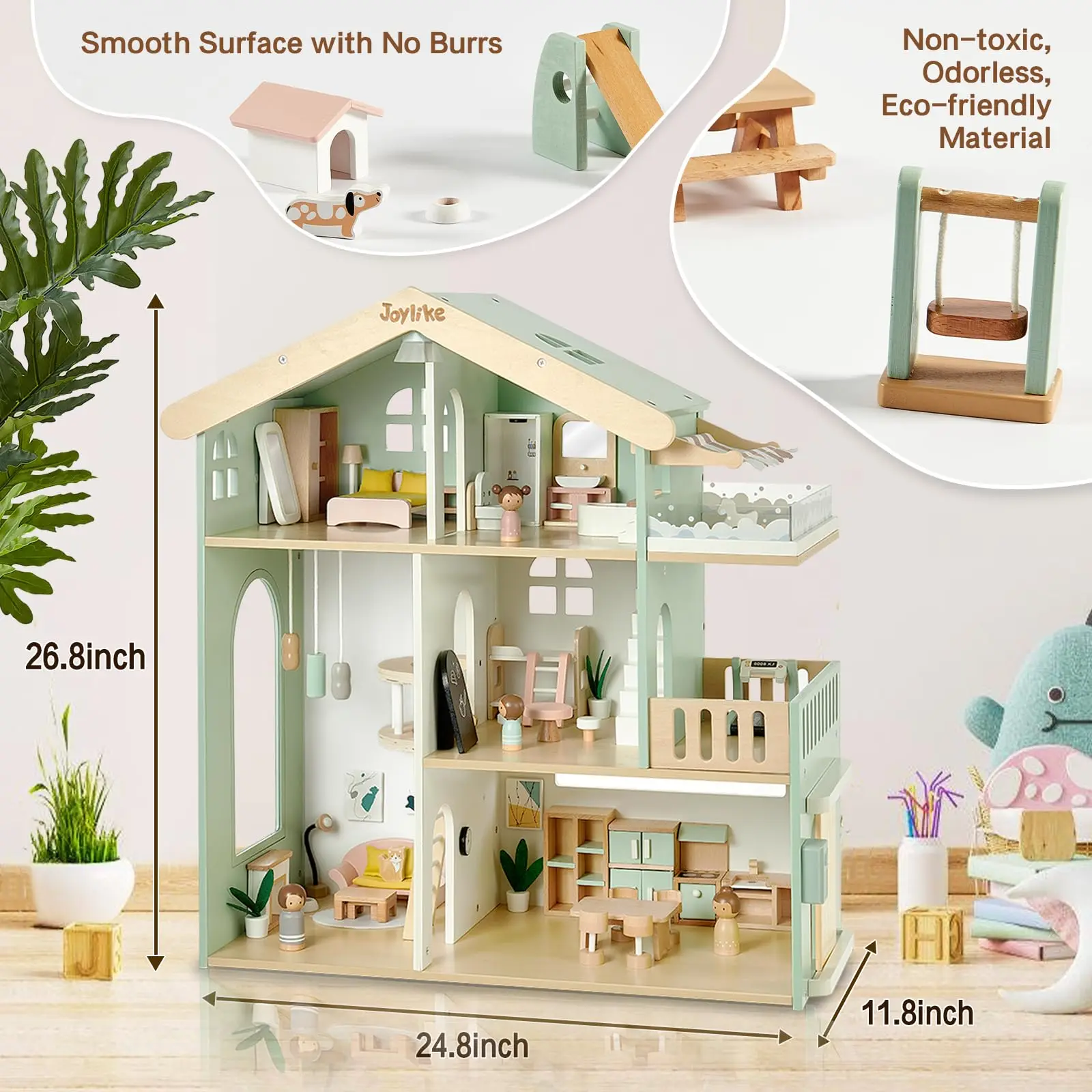 Joylike 53PCS Wooden Dollhouse for Kids, Family Dollhouse Including Toy Figures, Furniture and Accessories