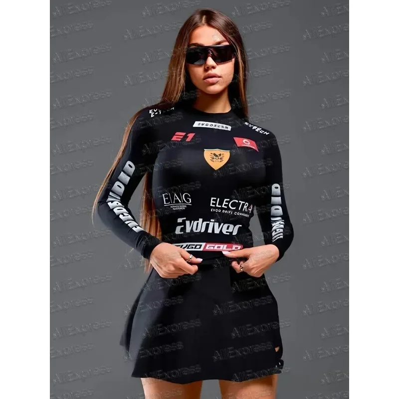 

2025 Trendy Oshfall Women's Slim Fit Long Sleeve round Neck Top Motorcycle Style Letter Print European American Hot Girls Top