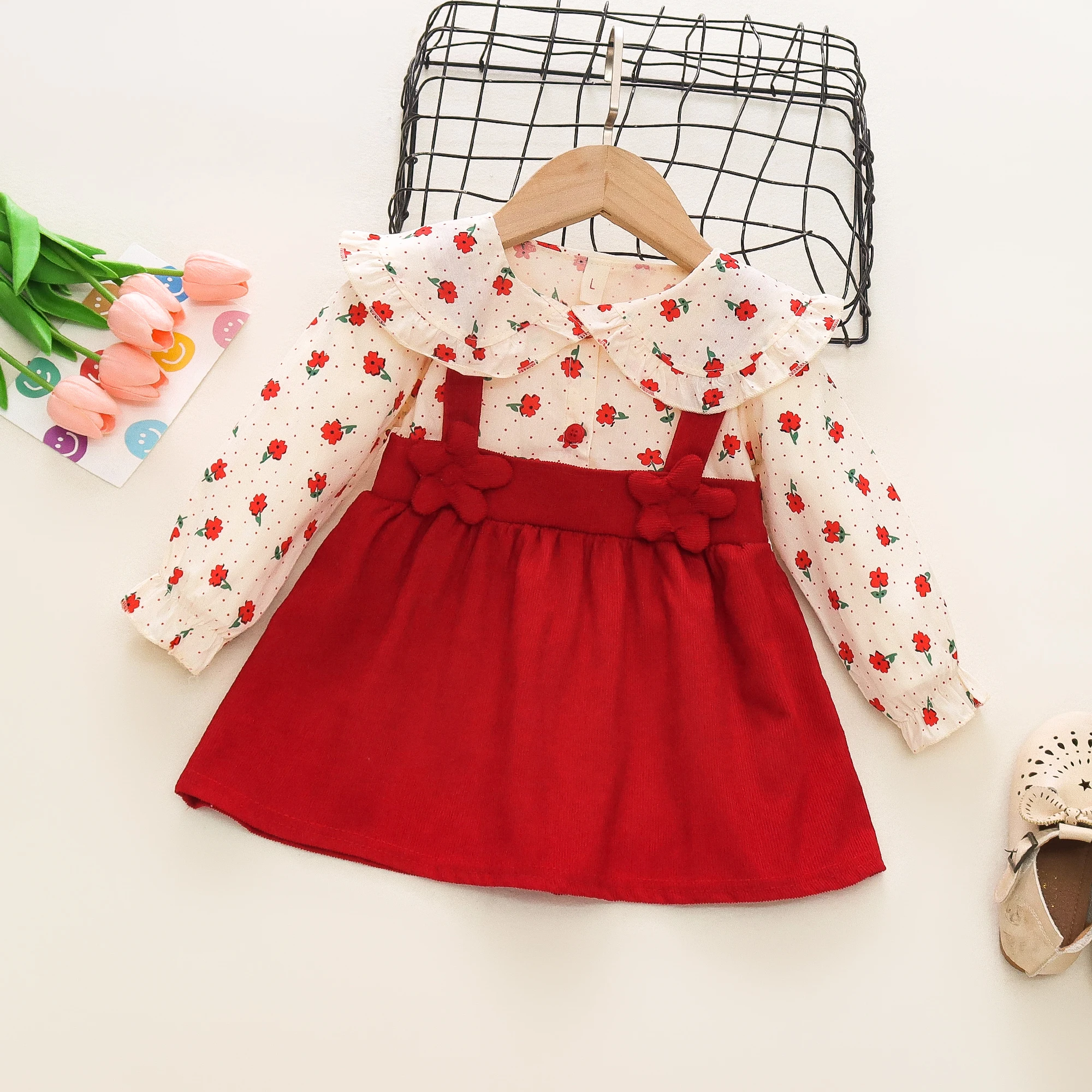 Autumn New Newborn Girls Long Sleeve Dress Cartoon Fragmented Flower Lapel Baby Princess Dress Flower Strap Dress