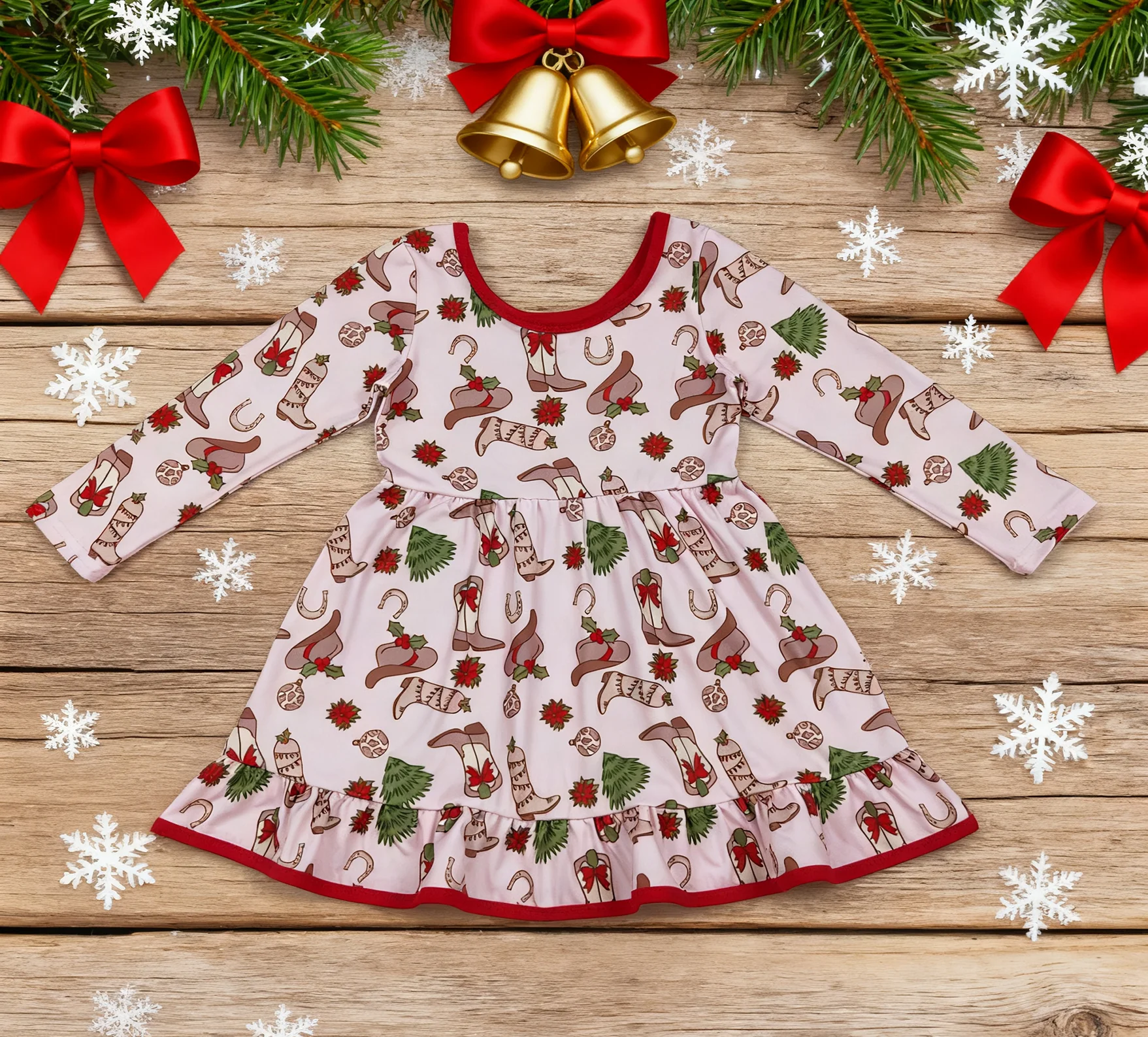 

Z917-12 GLD1274 Wholesale Baby Girl Clothes Long Sleeve Dress Kids Christmas Clothing