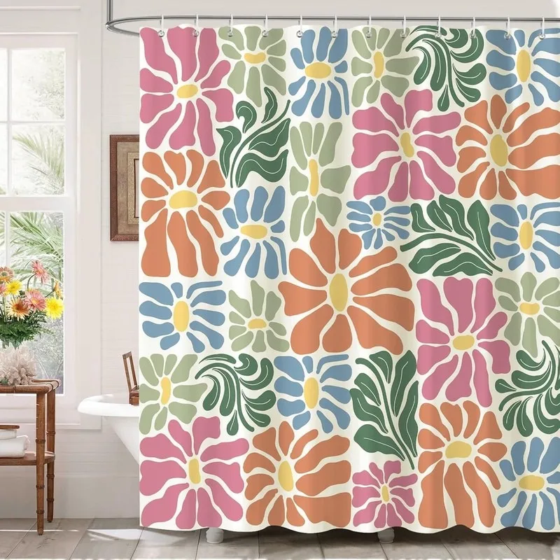 Matisse Style Abstract Flower Shower Curtain Color Block Fresh Artistic Bathroom Decor No Drilling Installation With 12