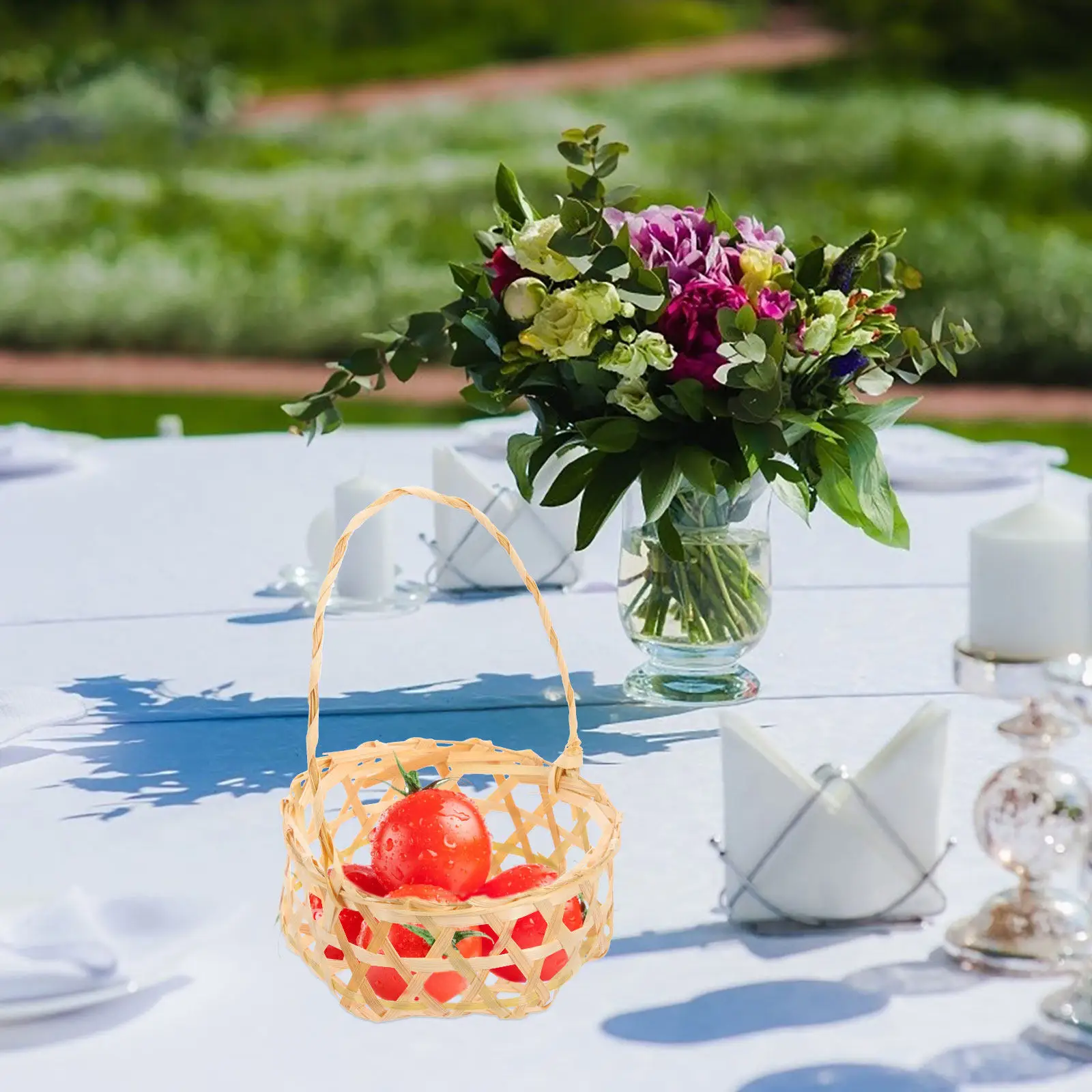 4Pcs Lightweight Bamboo Basket Woven Design Decorative Flower Fruit Easter Egg Basket for Desktop Farmhouse Pastoral Style Home