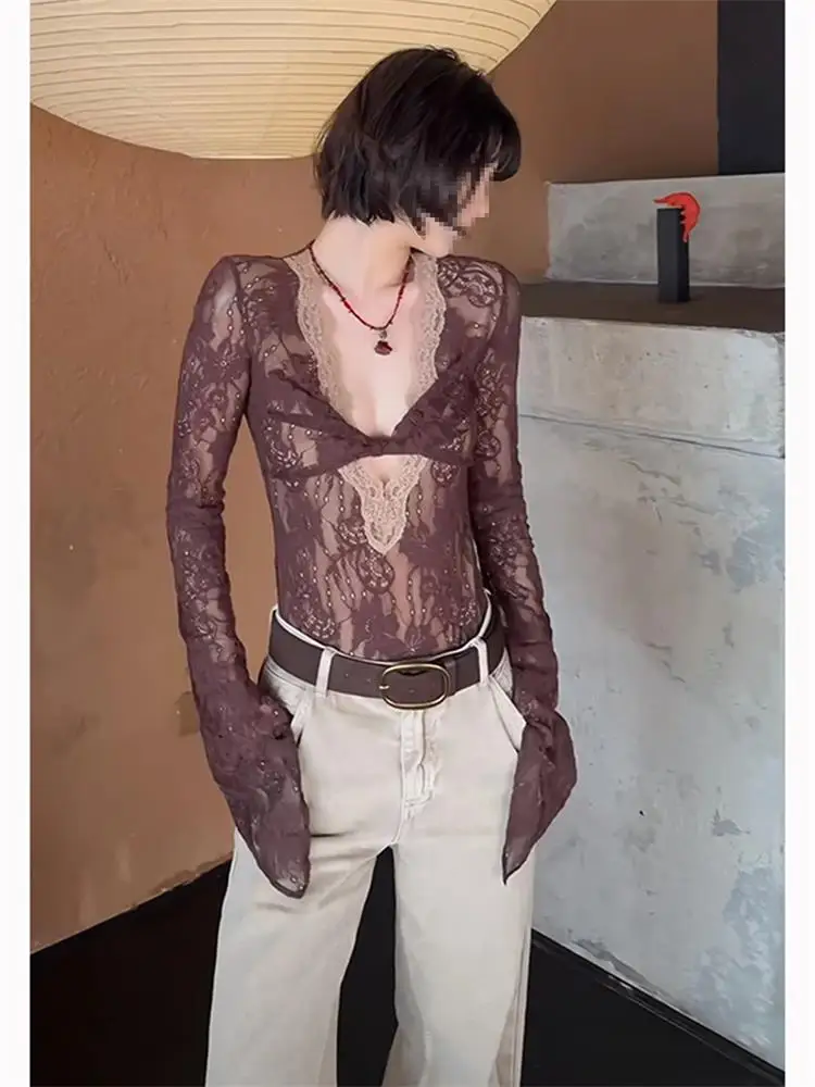 Sexy Lace Trim Bell Sleeve  Suit Low Chest Thin Micro Translucent Body Shape Show off Sweet And Spicy Internet Famous