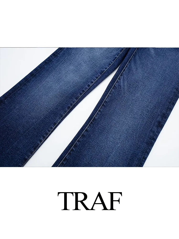 TRAF 2023 Autumn Women\'s Fashion Long Pants Solid Black High Waist Pockets Button Zipper Jeans Female High Street Denim Pants