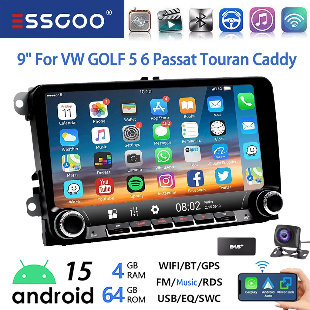ESSGOO Android 15 9 inch 64GB voor VW GOLF 5 6 Plus Touran Caddy Draadloze Carplay Autostereo Radio GPS NAVI WIFI SWC RDS BT USB Type-C