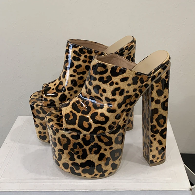 

Liyke/пикантные вечерние туфли для стриптиза на очень высоком каблуке с леопардовым принтом, женские шлепанцы, модные сандалии на массивной платформе с открытым носком, размер 42.