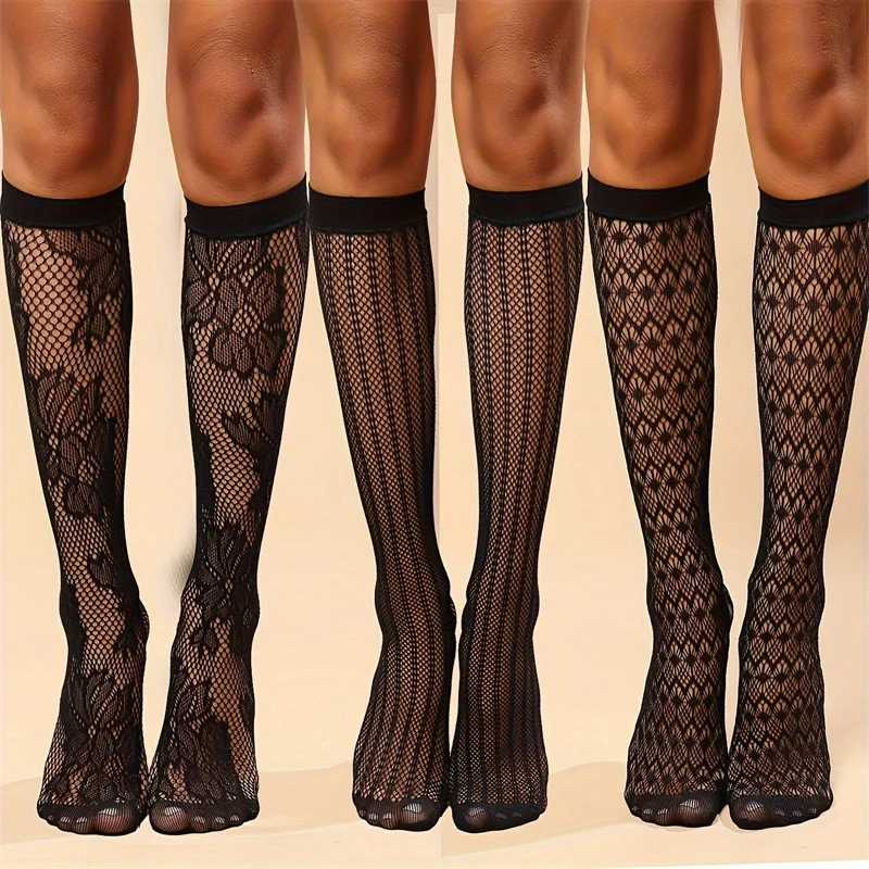 3 Pair Sexy Fishnet Stockings Hollow Out Woman Socks Transparent Knee High Socks Gothic Lolita Japanese Mid-tube Female Socks