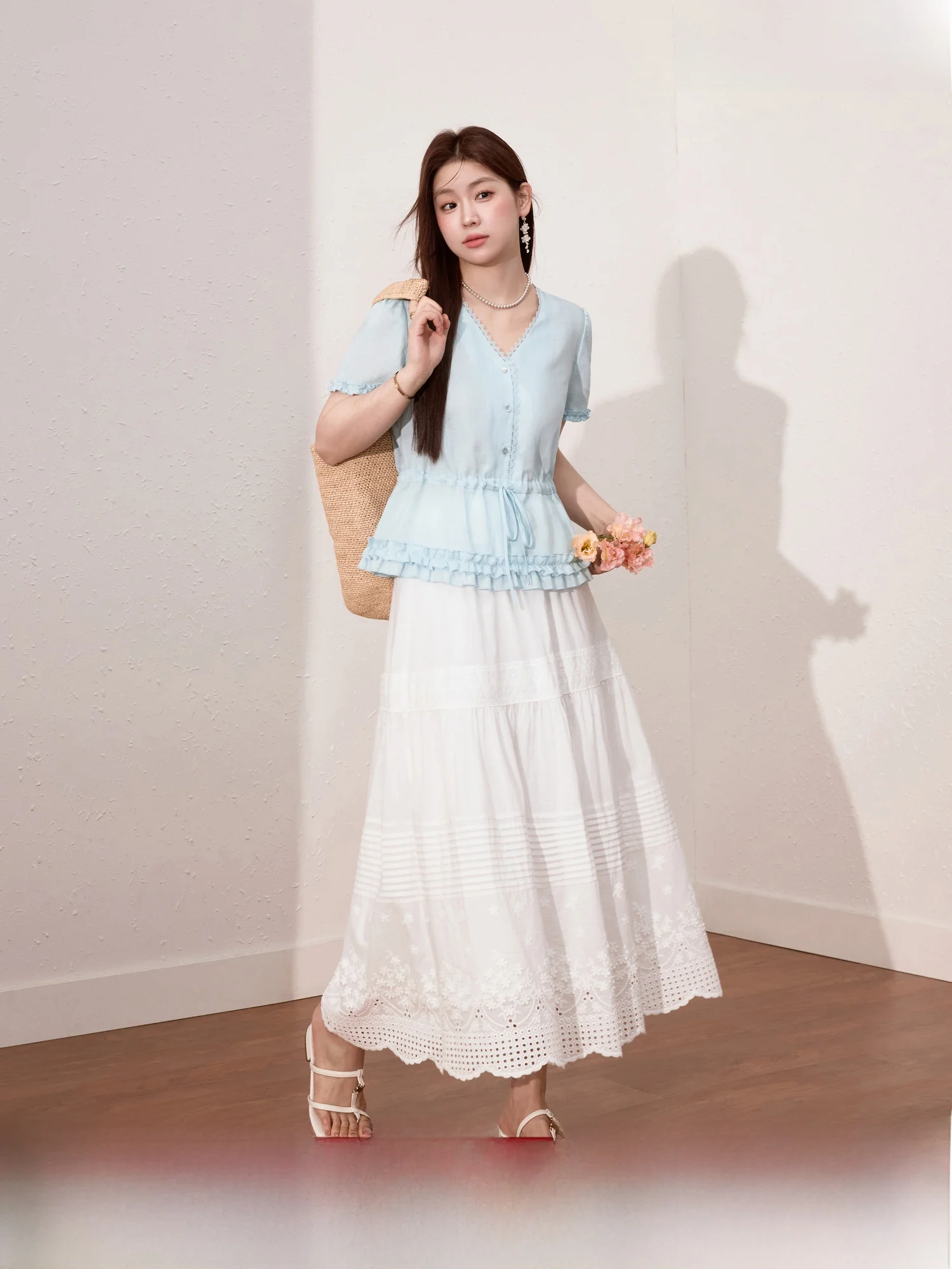 

Синяя юбка-карандаш из белого хлопка для полных женщин, юбка А-силуэта для стройного силуэта, летняя новинка...