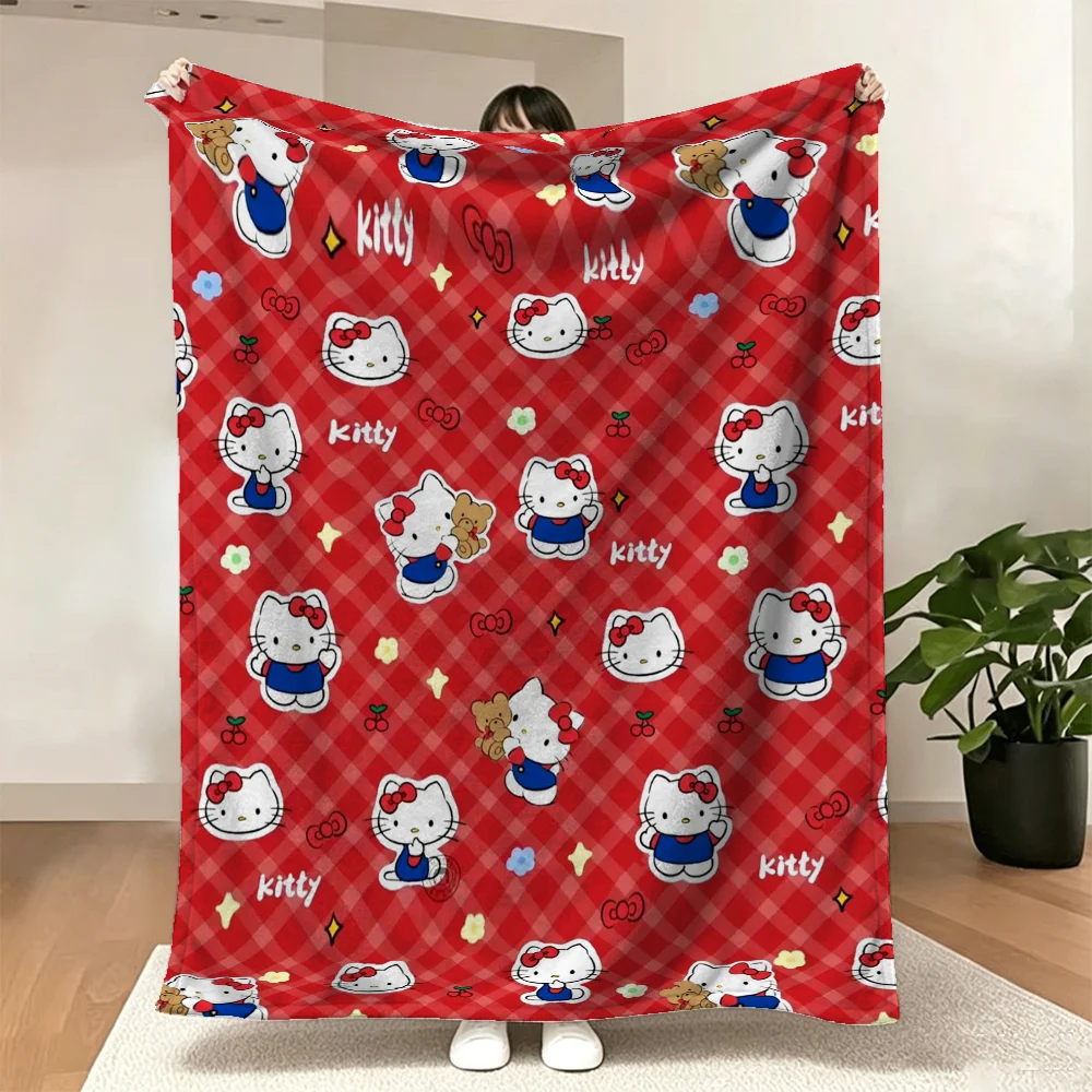 Hello Kitty Red Plaid Pattern Print with Teddy Bear, Cherries, Stars and Kitty Text Cartoon Cat Art