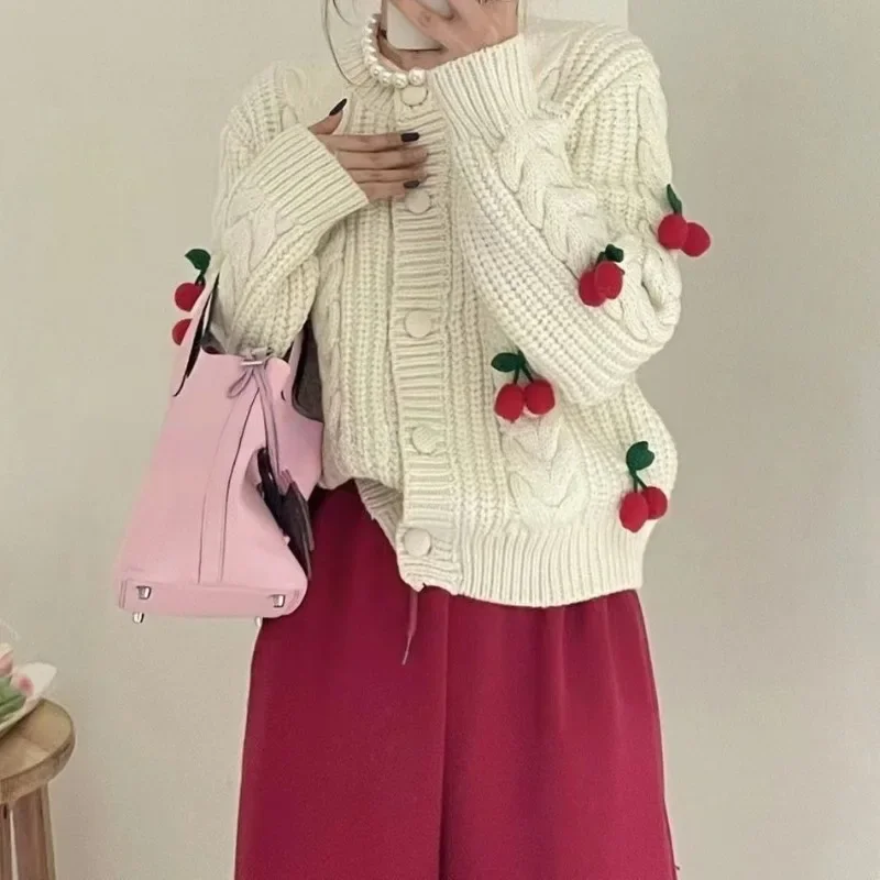 Kimotimo Kawaii 3D Cherry Cropped Cardigan Womem Autumn Winter Loose Lazy Knitted Tops Korean Gentle Sweet Twisted Sweater Coat