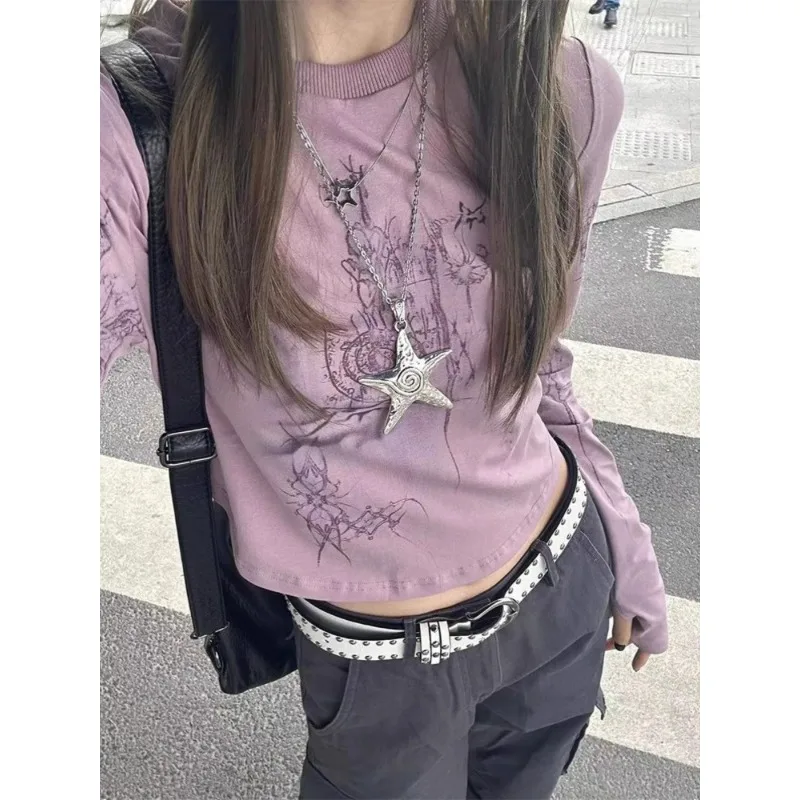 Y2k Long Sleeve T-shirt Spring 2024 Women High Street Sweet Cool Crop Top Vintage Purple Harajuku Fashion Shirts