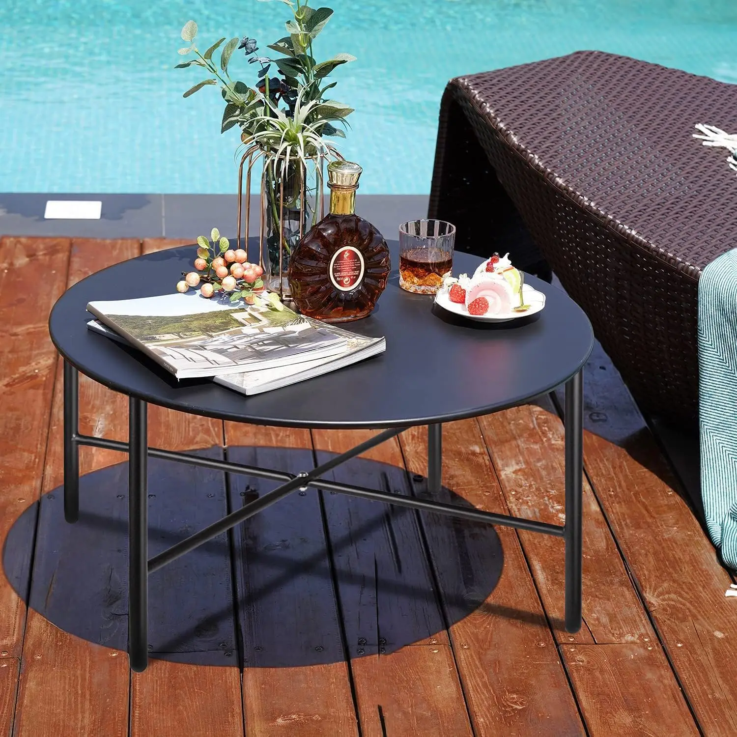 Patio Round Steel Patio Coffee Table, Weather Resistant Anti-Rust and Waterproof Indoor and Outdoor Large Side Table,