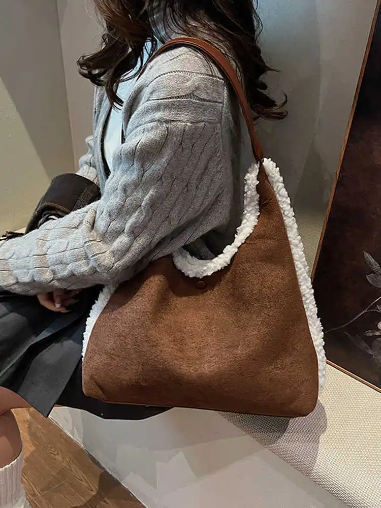 Autumn Winter Fashion Retro Plush Tote Bag For Women New High Grade Single Shoulder Bags Commuting Color Blocked Women's Pack