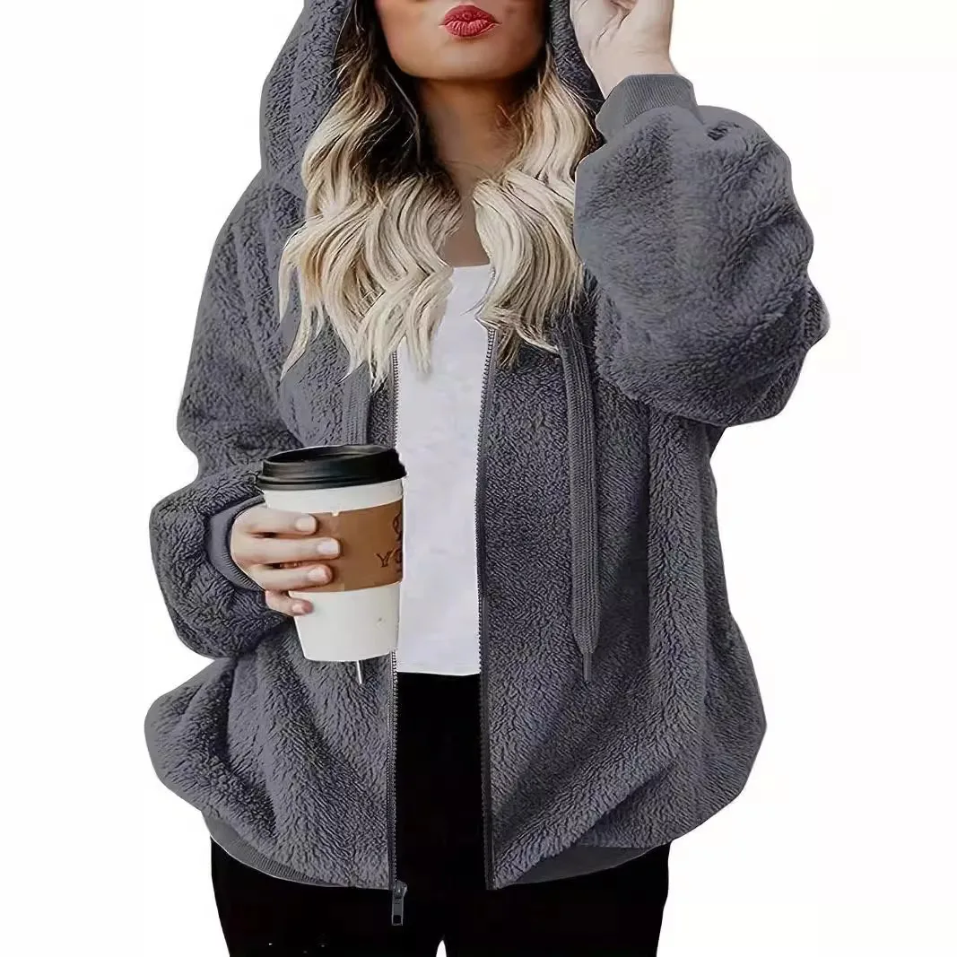 

Осень-зима 2025 года, новая женская свободная бархатная повседневная толстовка из овечьей шерсти в европейском и американском стиле на молнии для женщин