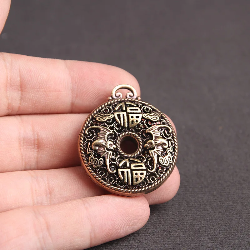 Brass Hollow Wufu Linmen Figurines Miniatures Round Keychain Pendant Creative Crafts Gift  Feng Shui Decoration Accessories