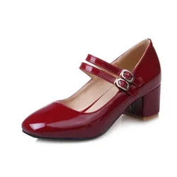 Women Elegant OL Shoes Square Toe Patent Leather 5cm High Heels Buckle Straps Sandals Mary Jean Pumps Red Black White Chaussures