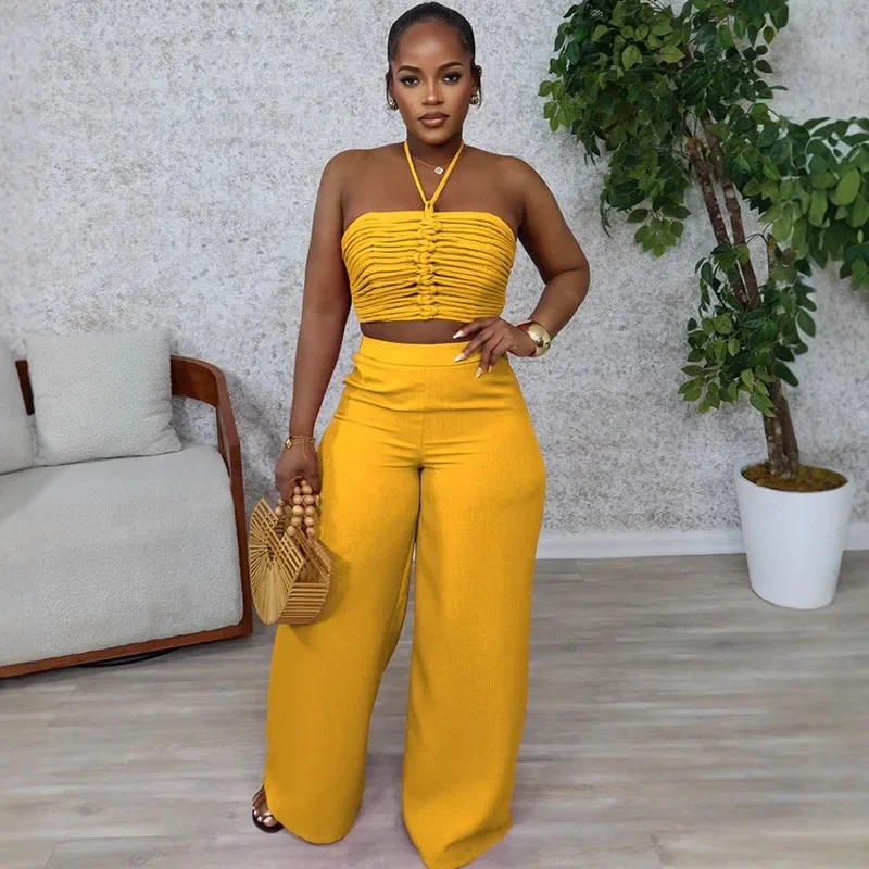 

Sexy Night Club Party Two Piece Set Women Outfit Halter Backless Strapless Draped Crop Top and Wide Leg Pants Matching Sets Rave