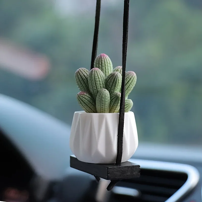 Mini Macrame Plant Hanger Rear View Mirror Car Cactus Charm Decorations Boho Hanging Plant Holder, Tiny Car Succulent Gifts for