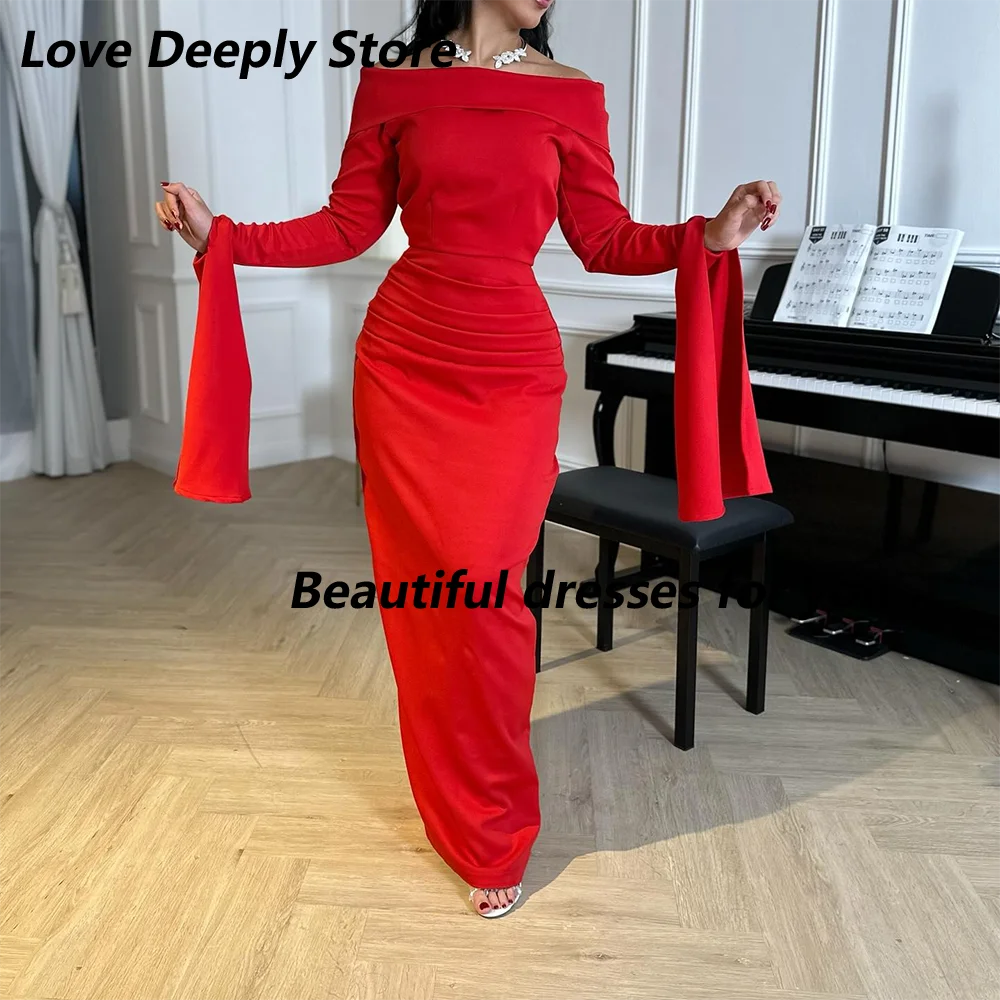 

Elegant Women's Evening Dress Red Off The Shoulder Column Evening Gowns Maxi Long Sleeves Sheath Formal Party Dress Customized