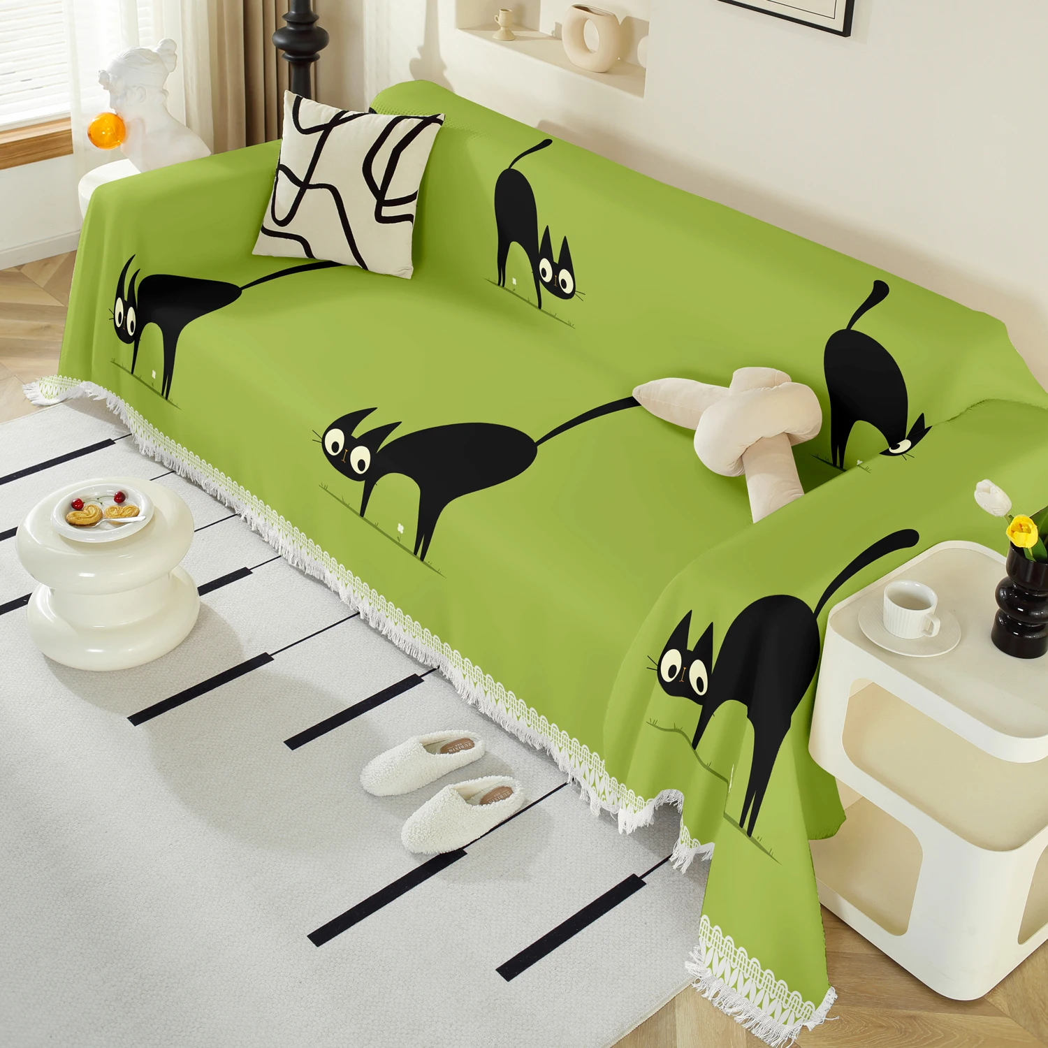 

1pc Cartoon Kitten Sofa Blanket, Green Cat Print Couch Throw for Home Decor, Soft Modern Washable Cover for Cat Lovers