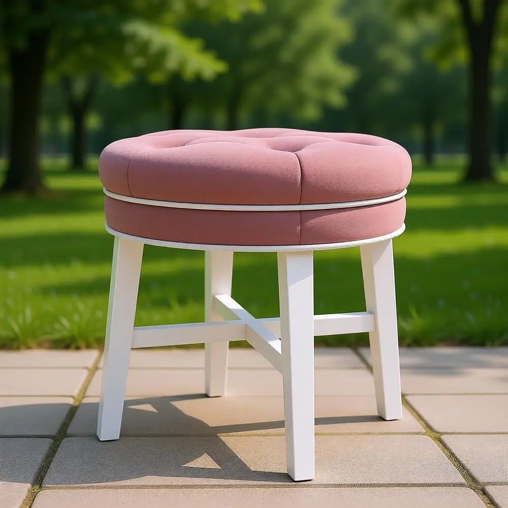 

Round Tufted Wood Vanity Stool with Upholstered Back, Pink for Makeup Room or Bathroom