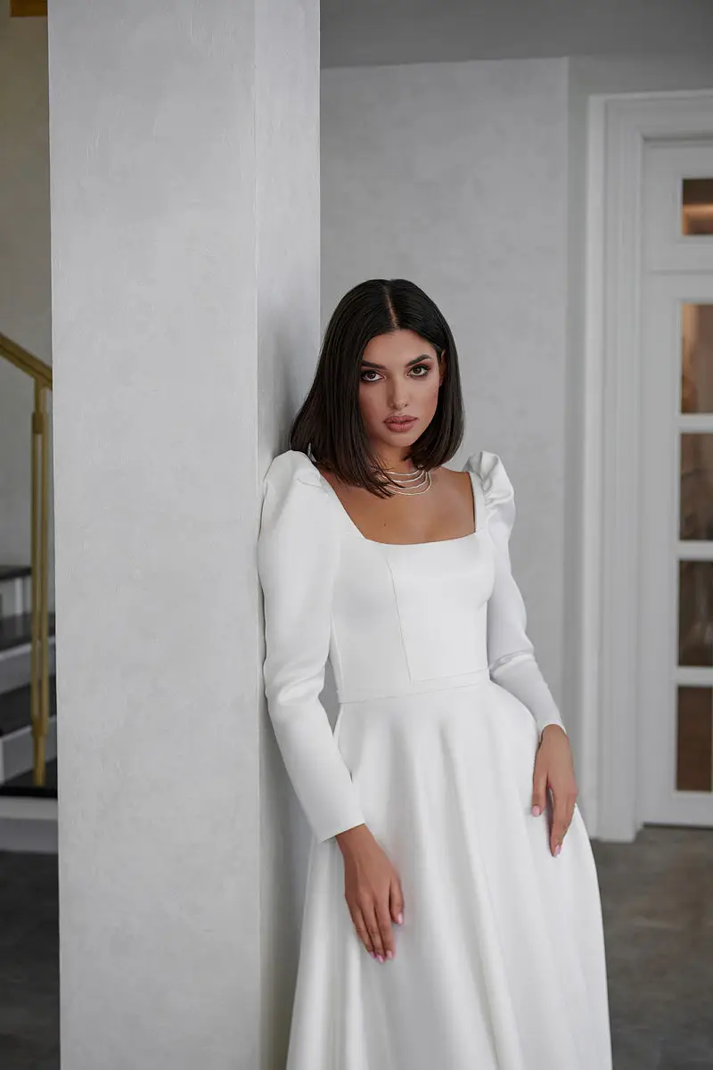 A-Line Wedding  Dress Long Sleeve Square Collar Side Slit Simple Satin Open Back Beach Robe De Mariee Custom Made To Measures