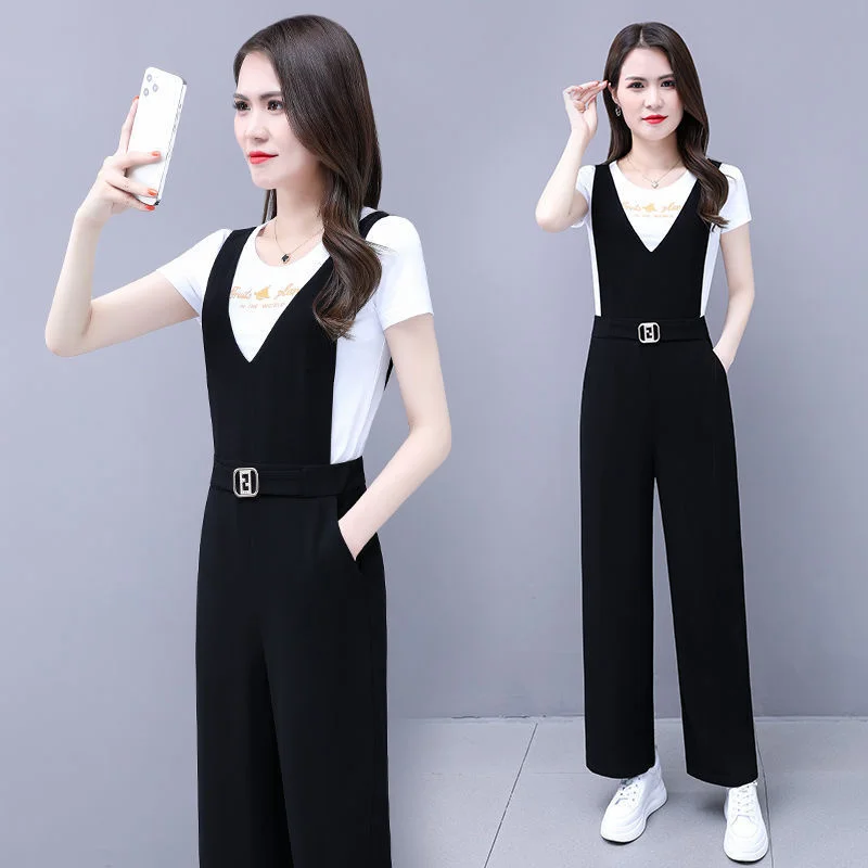 Women's Suspender Wide Leg Pants And T-shirt Two Piece Set 2022 Summer New Leisure Fashion Straight Jumpsuit Overalls For Women