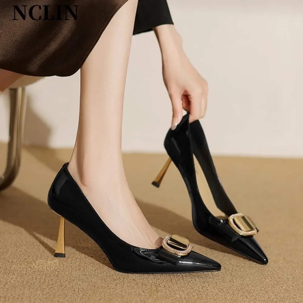 

2025 New 7.5cm Thin Heels Patent Leather Blak Pumps Shoes Woman Classics Pointed Toe Dress Official Pumps Party Size 39