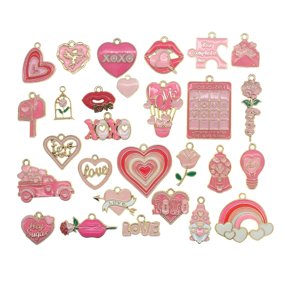 10pcst Valentine's Day Series Pink Collection Heart Metal Enamel Alloy Charms for Necklaces Earrings DIY Jewelry Making Pendants