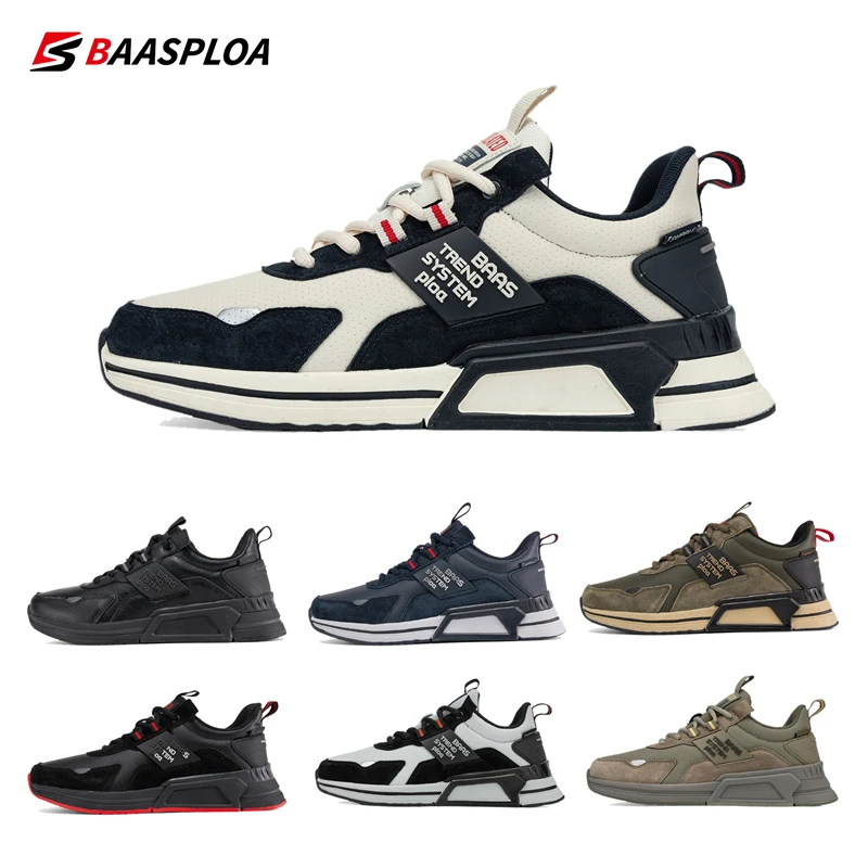 Baasploa New Men Fashion Leather Waterproof Casual Shoes Non-Slip Wear-Resistant Running Shoes Breathable Male Sneakers