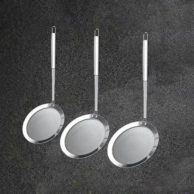 ~Fine Mesh Strainer Stainless Steel Metal Flat Colander Cooking Skimmer Ladle Colander With Handle Food Strainer Kitchen Tools