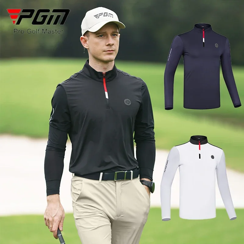 PGM Men Long Sleeve Golf Shirt Male Ice Silk Sunscreen Tops Men Zipper Collar Golf T-shirt Summer Breathable Quick Dry Sportwear