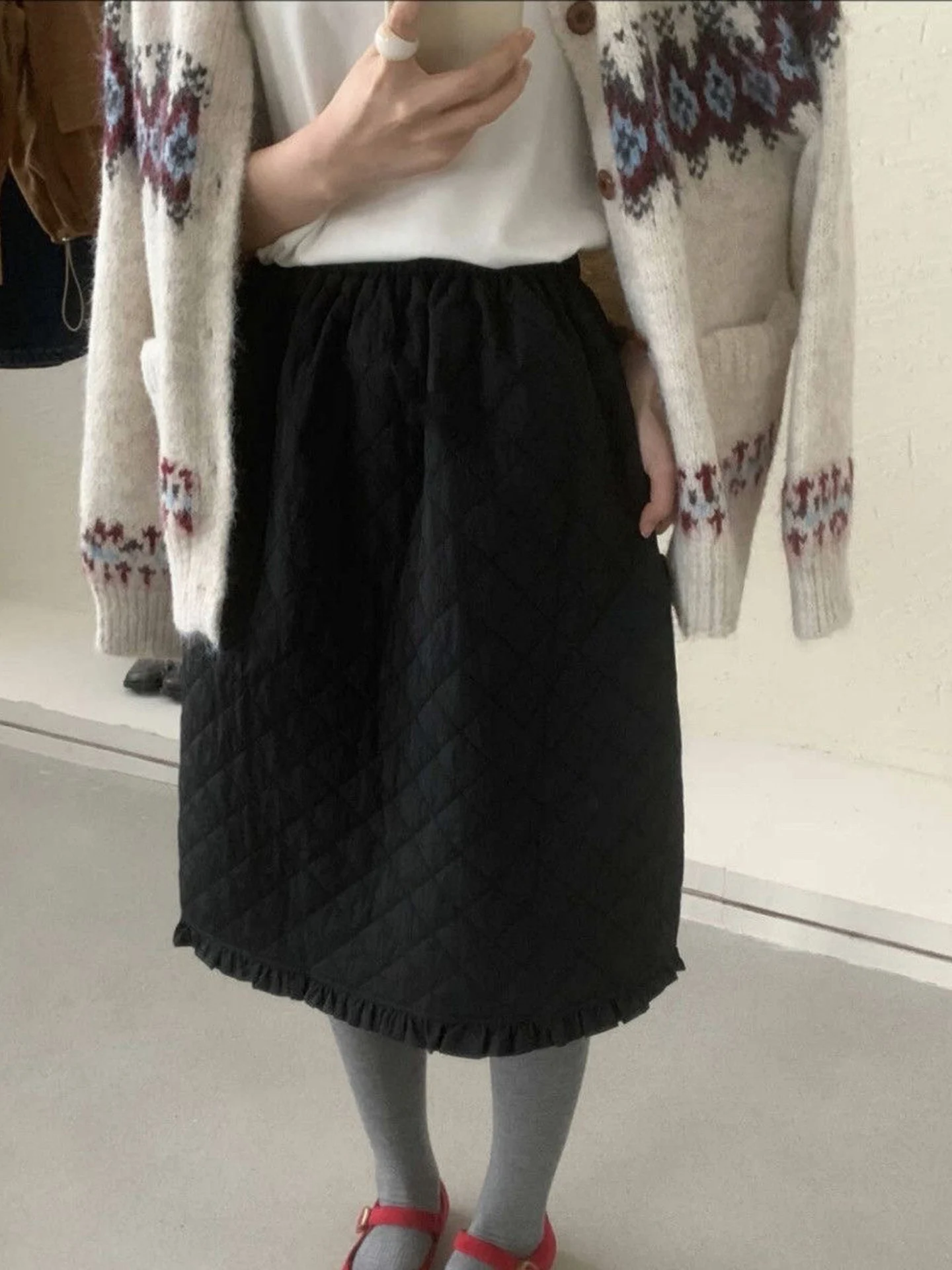 Casual Cotton Gored Half Skirt Diamond Pattern Elastic Waist Straight Cut Women's Autumn Winter New Korean Simple Fashion Skirt