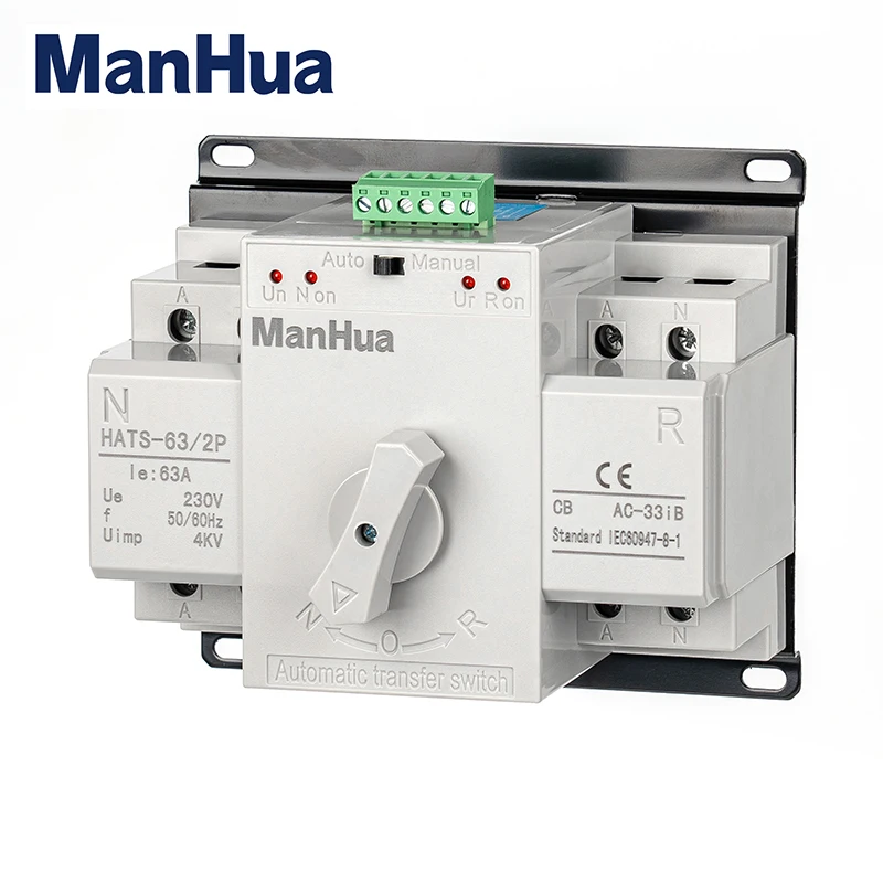 

ManHuaDual Power 2P 63A HATS-63 230 В переменного тока, автоматический резервный переключатель двойного питания, переключатель типа CB