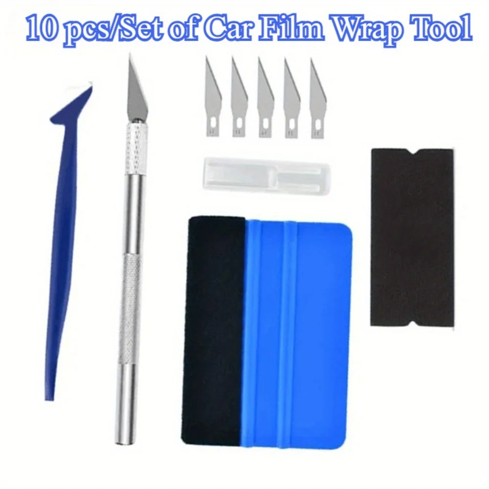 9pcs Set of Tools for Car Vinyl Wrapping Includes Blue Squeegee Five Blades a Dual Sided Blue And Black Scraper Felt Edge Tool