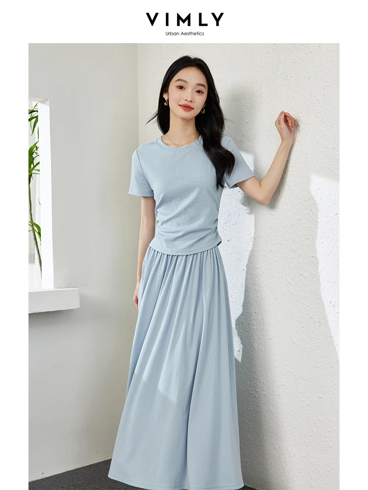 

VIMLY Summer Sporty Casual Set Soft Air Cotton Short Sleeve Top+Elastic Waist Loose Skirt Two Piece Solid Women Set Skirt M7669