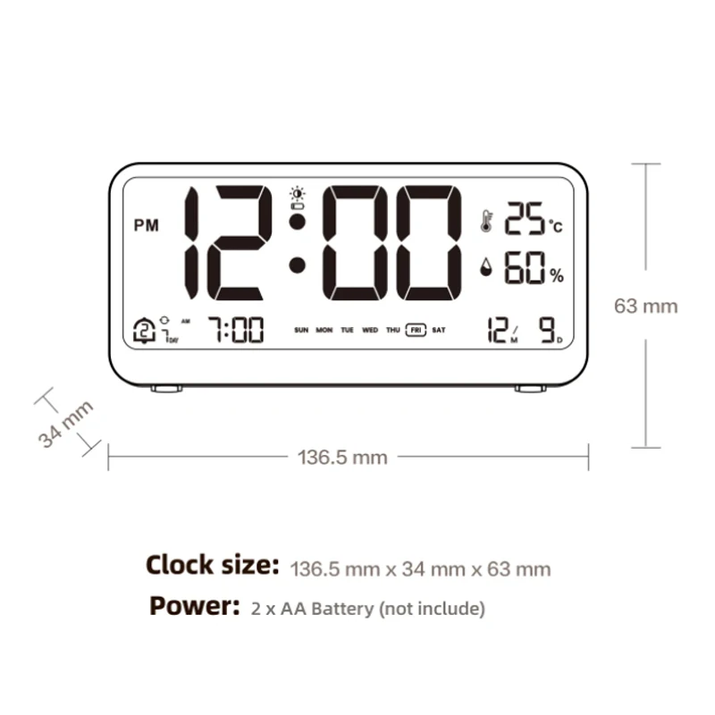 다기능 디지털 시계, LED 밝기 조절 가능, 온도 및 습도 디스플레이, 듀얼 모드 알람 시계, 침대 옆 책상 시계