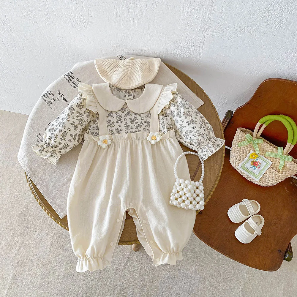 Korean Style 0-2Y Autumn Baby Girls Clothes Pure Cotton Infant Girls Rompers Floral Jumpsuits Peter Pan Collar Baby Outfit