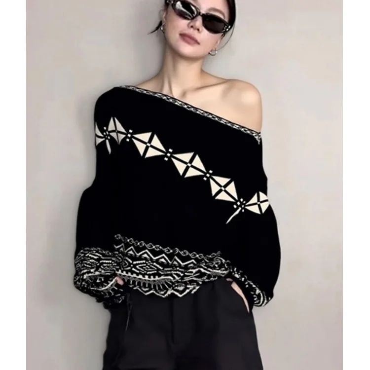 เสื้อสเวตเตอร์ถักไหมพรมทรงหลวมสไตล์เกาหลีสำหรับผู้หญิง ดีไซน์หรูหรา สไตล์ลำลอง แบบคลุมไหล่ ทรงหลวมคลุมทั้งตัว