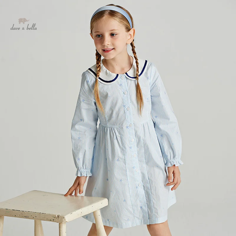 Dave Bella Girl's Dress Children's 2024 New Spring Cotton Casual Fashion Striped Sweet Party Outdoor Academic-Style DK1248550