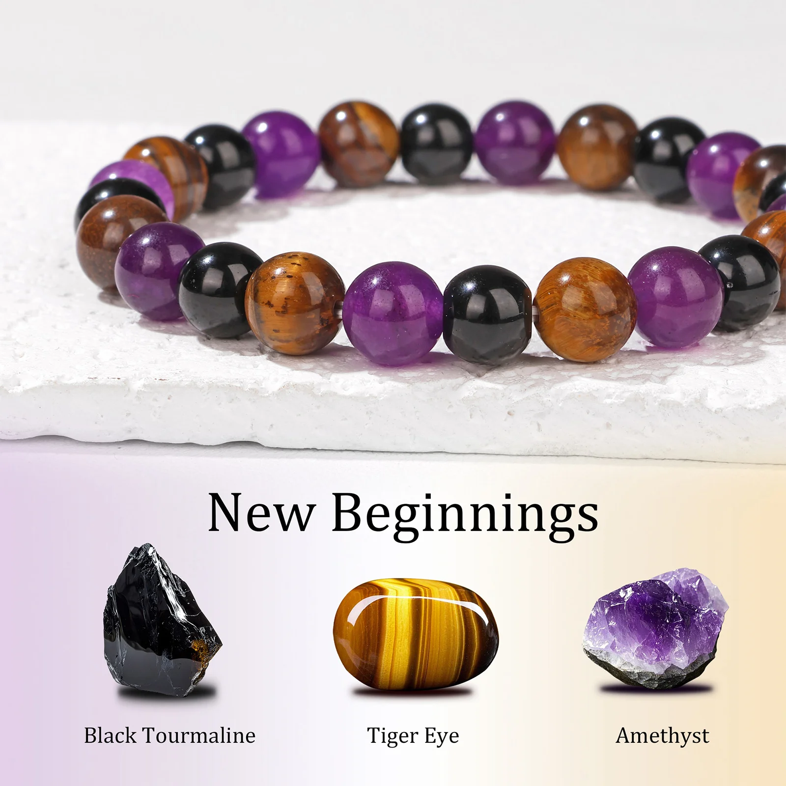 8mm Natural Stone Beaded Bracelet Black Tourmaline Tiger Eye Amethyst Bracelets New Beginnings Elastic Bangle Fashion Jewelry