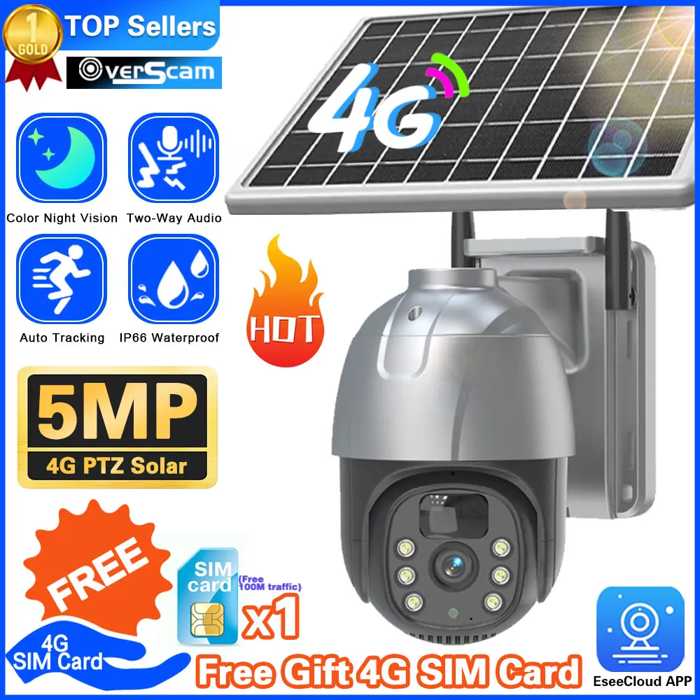 

5MP Solar IP Camera 4g Sim Card Outdoor IP66 Waterproof Security Protection Surveillance PIR Auto Tracking PTZ CCTV IP Camera